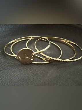 Gold Initial A Stackable Bangle Bracelet Set